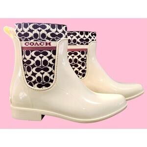 COACH Rivington Women’s 8 Rain Boots Chalk White Signature Knit Logo NEW Box